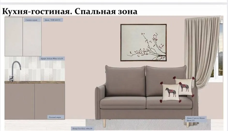 Коллаж кухни-гостиной со спальной зоной